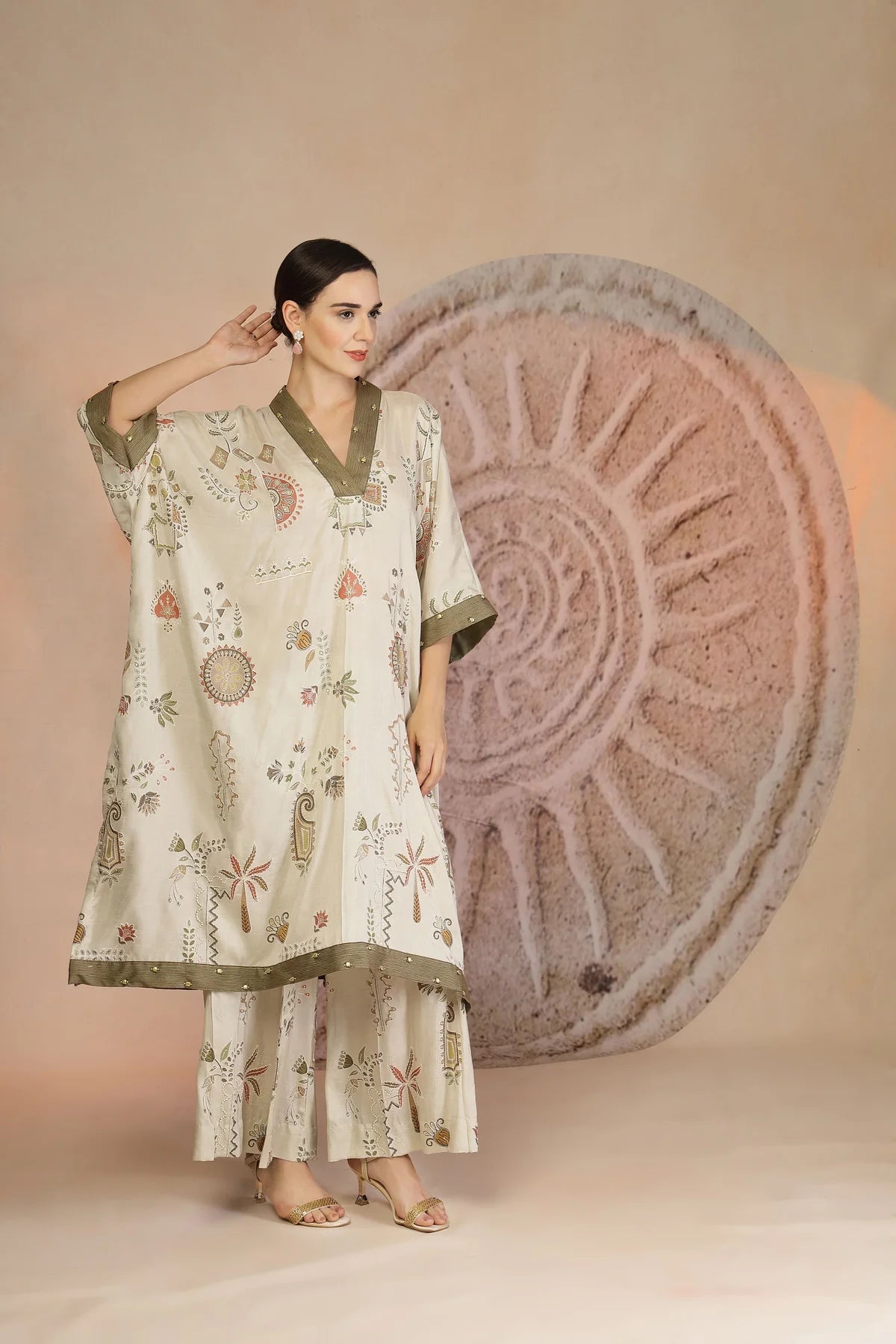 Relaxed Fit Grey Cotton Kaftan Set with Pleated Pants & Metallic Detailing