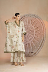 Relaxed Fit Grey Cotton Kaftan Set with Pleated Pants & Metallic Detailing