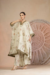 Relaxed Fit Grey Cotton Kaftan Set with Pleated Pants & Metallic Detailing