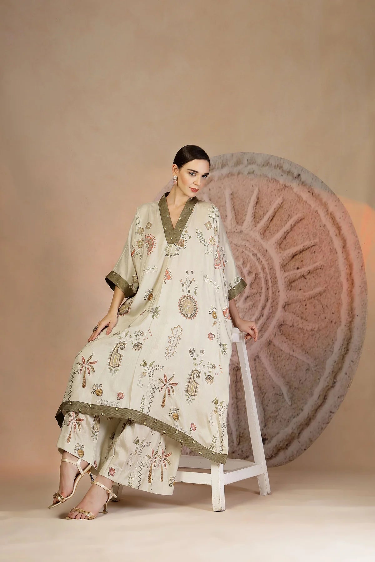 Relaxed Fit Grey Cotton Kaftan Set with Pleated Pants & Metallic Detailing