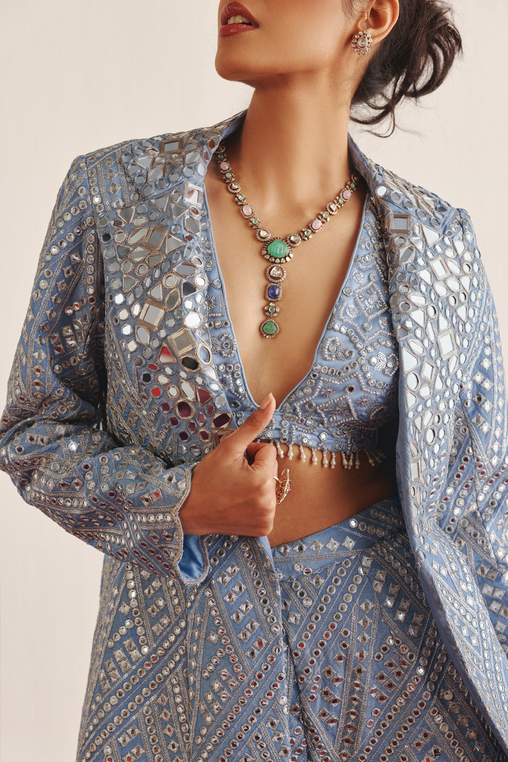 hexagon v neck sky blue blouse