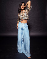 Powder blue ajrakh stripped jacket with embellished brallete and inverted pleated pants