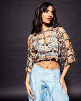 Powder blue ajrakh stripped jacket with embellished brallete and inverted pleated pants