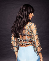 Powder blue ajrakh stripped jacket with embellished brallete and inverted pleated pants