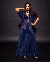 Deep blue ajrakh embellished jacket with embellished brallete and flare pants