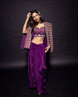 Dark purple Fully embroidered ajrakh cape jacket with heavily embellished blouse and drape skirt