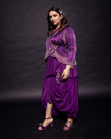 Dark Purple embroidered  angarkha  jacket with drape dhoti skirt