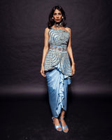 Powder blue ajrakh embroidered assymetric peplum top with Drape dhoti skirt