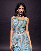 Powder blue ajrakh embroidered assymetric peplum top with Drape dhoti skirt