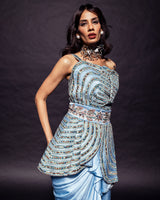 Powder blue ajrakh embroidered assymetric peplum top with Drape dhoti skirt