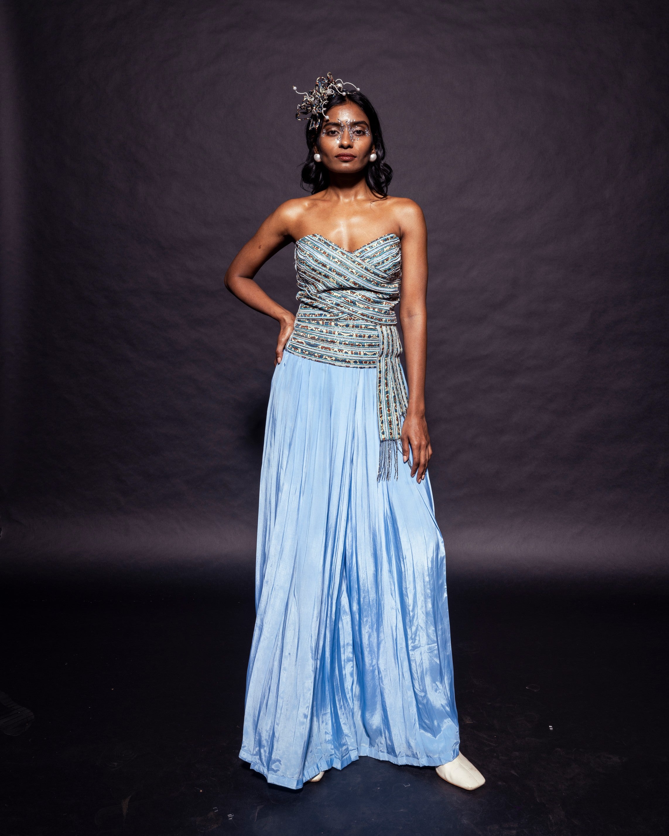 Powder blue ajrakh stripped corset with Pleated pants