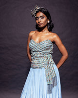 Powder blue ajrakh stripped corset with Pleated pants