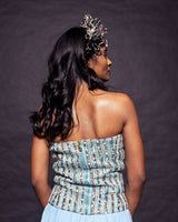 Powder blue ajrakh stripped corset with Pleated pants