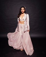 Peachy Pink Bralette and flare pants with embellished ajrakh patchworked jacket