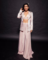 Peachy Pink Bralette and flare pants with embellished ajrakh patchworked jacket