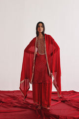 Marodiwork Crushed Bandhani Silk Kurta and Ankle Length Palazzos with Dupatta