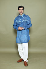 INDIGO PRINTED LINEN KURTA WITH SALWAR