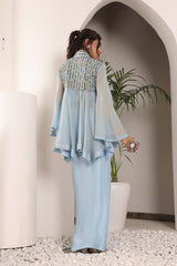 Powder Blue ajrakh embellished yoke top and Drape dhoti set