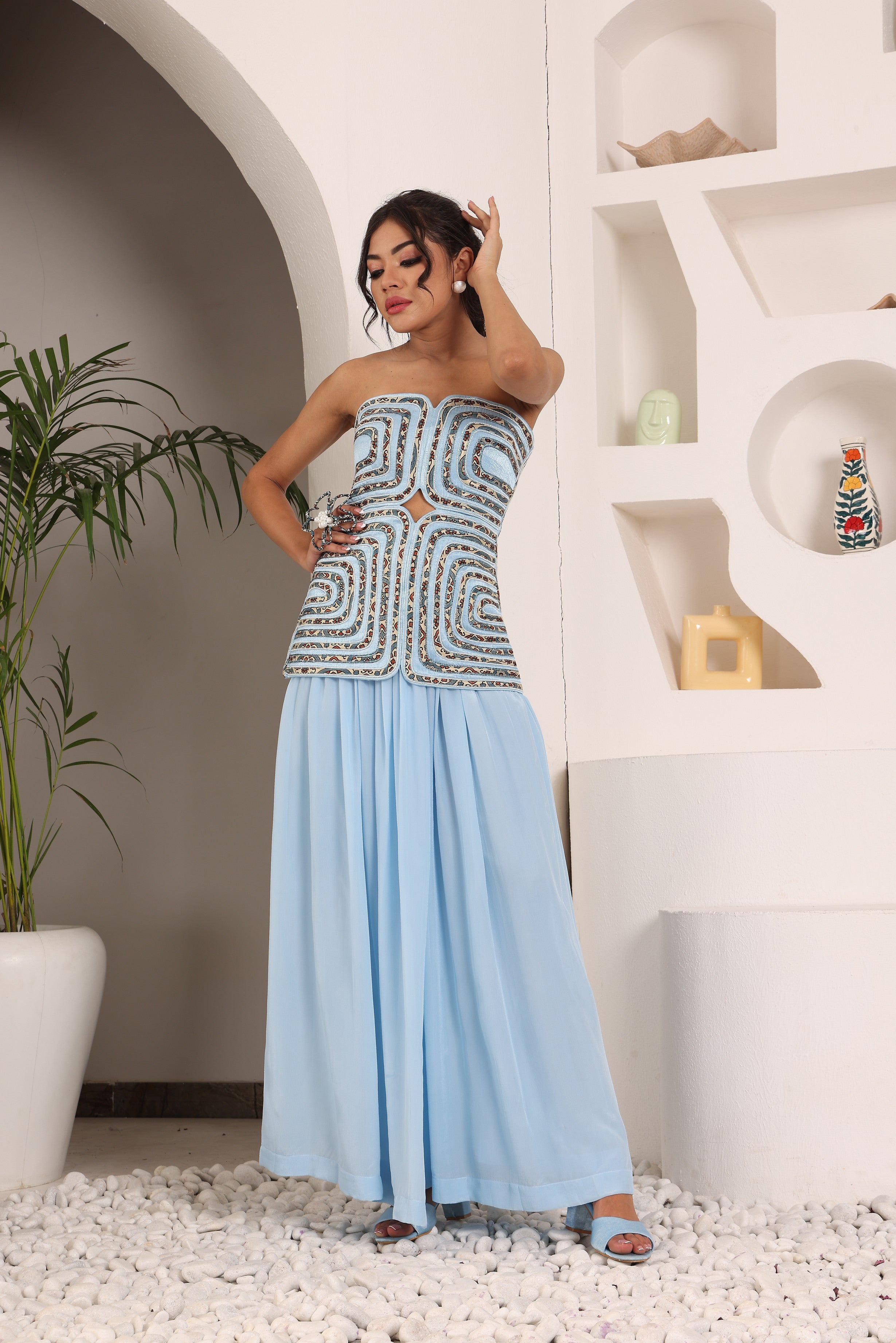 Powder Blue ajrakh embroidered off shoulder top with pleated pants