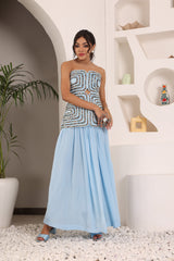 Powder Blue ajrakh embroidered off shoulder top with pleated pants