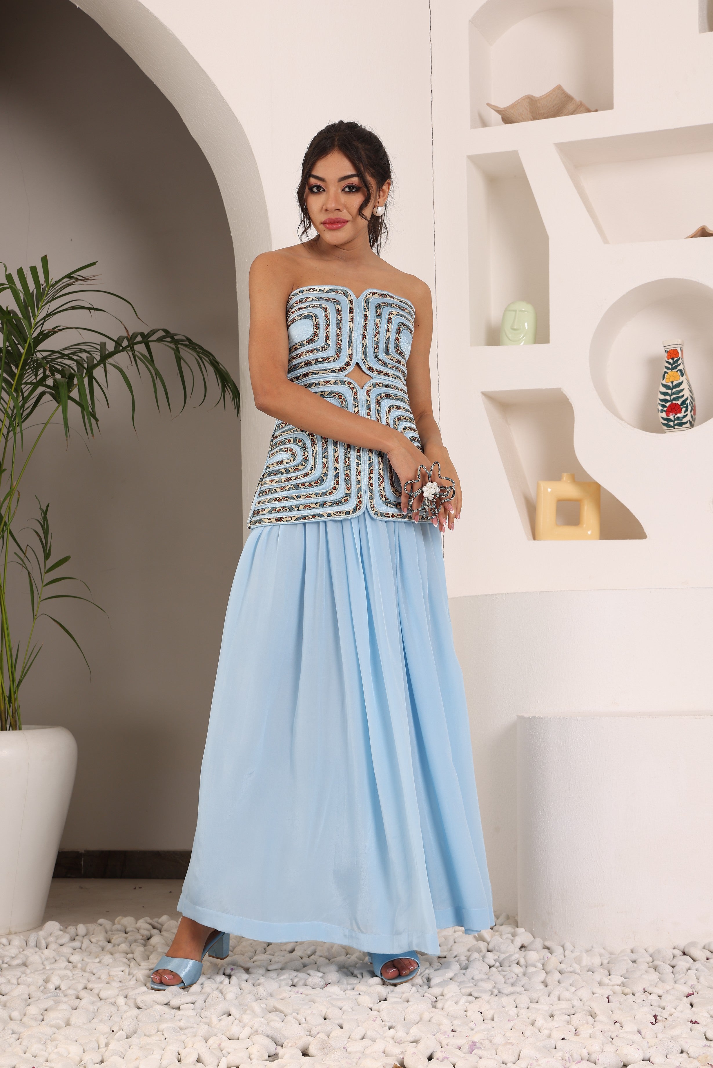 Powder Blue ajrakh embroidered off shoulder top with pleated pants