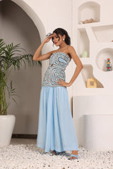 Powder Blue ajrakh embroidered off shoulder top with pleated pants