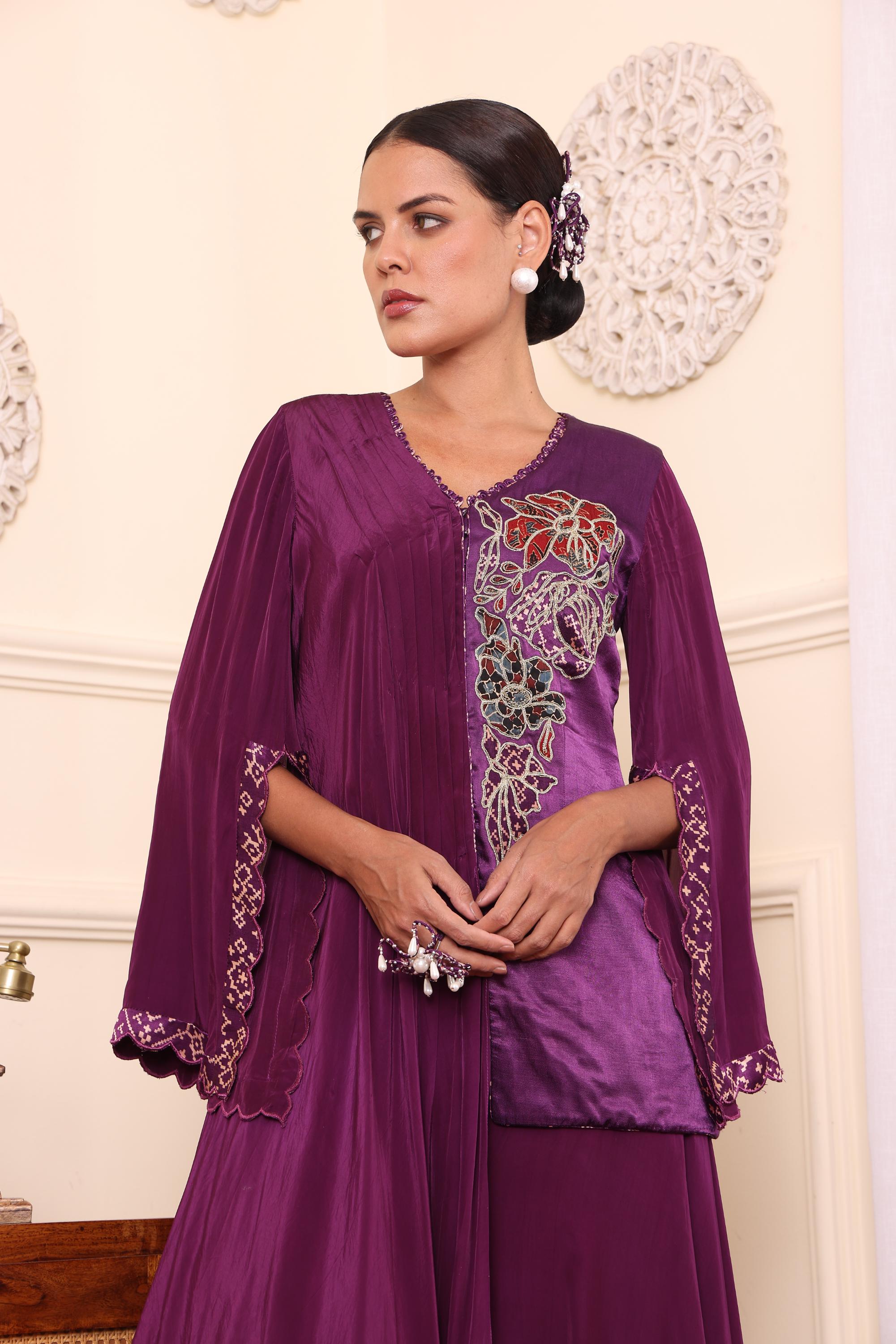 Purple Patchwork One Flap Jacket With Flair Pants
