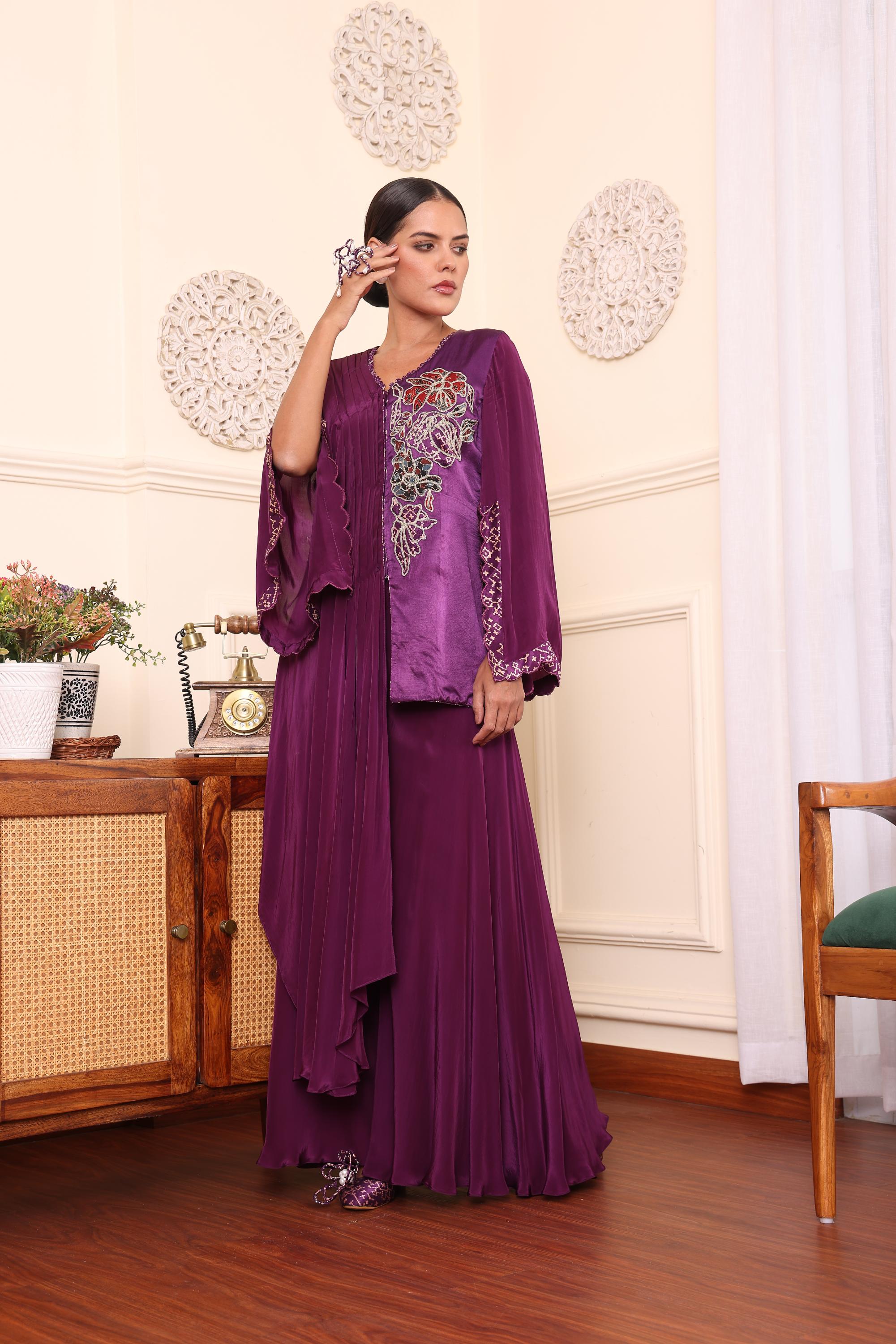 Purple Patchwork One Flap Jacket With Flair Pants