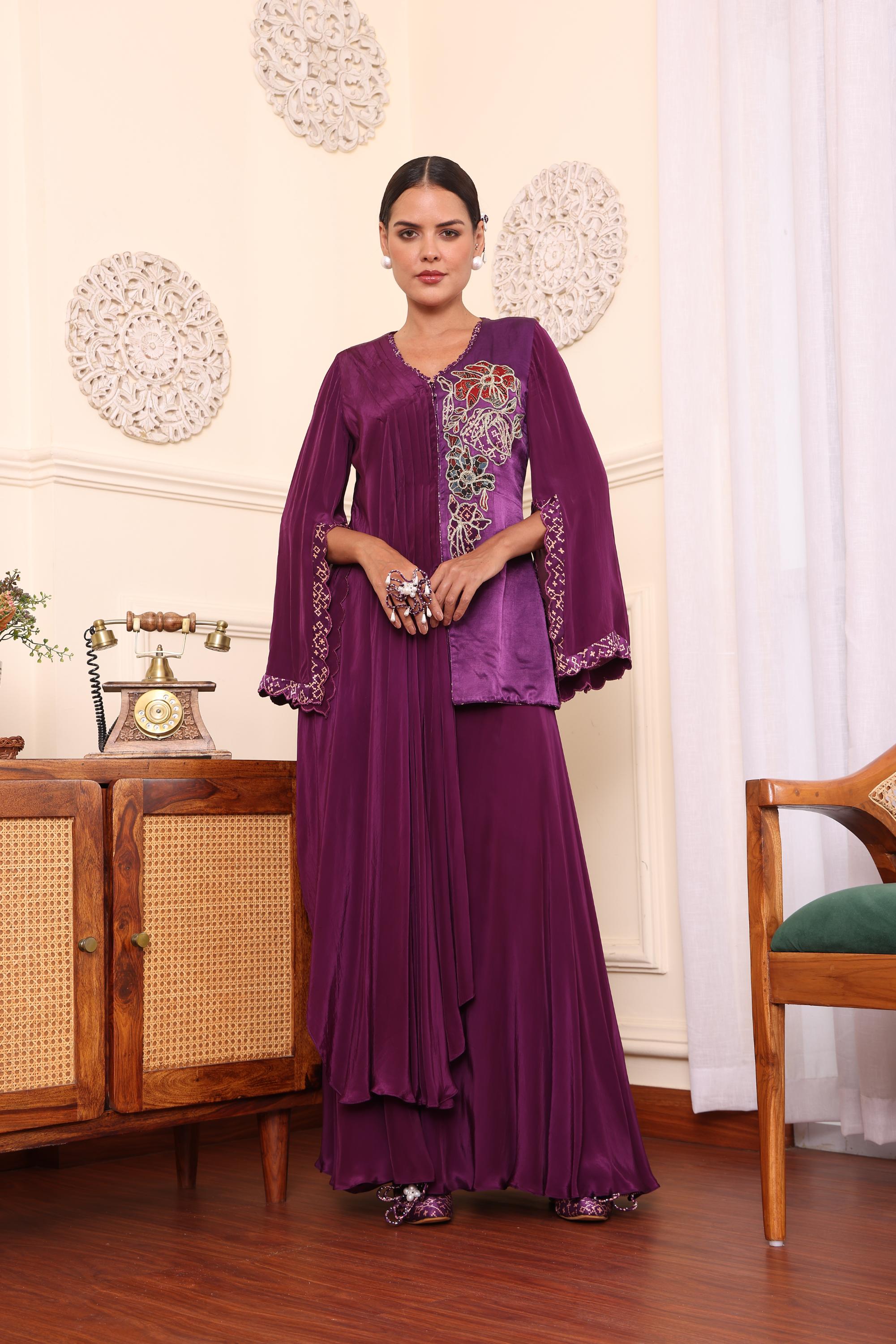 Purple Patchwork One Flap Jacket With Flair Pants