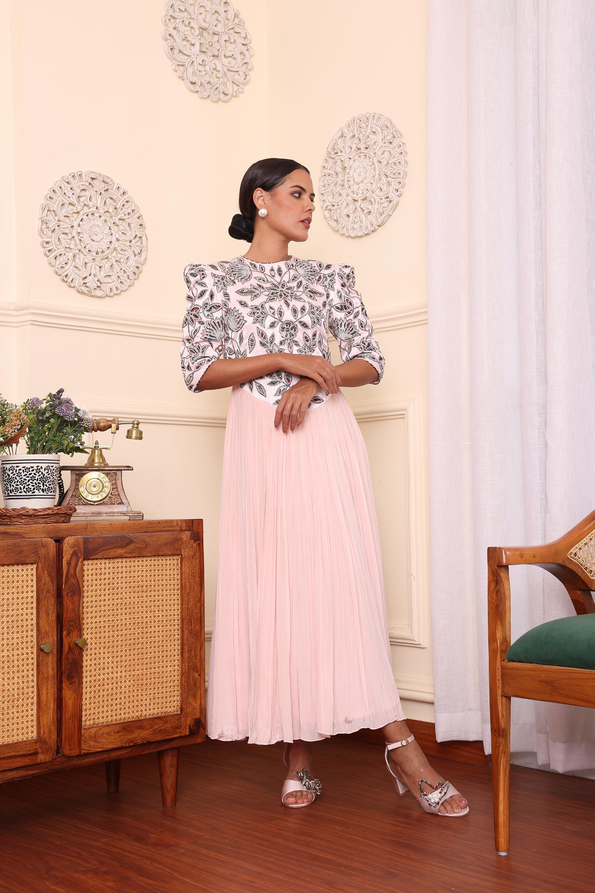 Powder Pink Gathered Dress With Pants