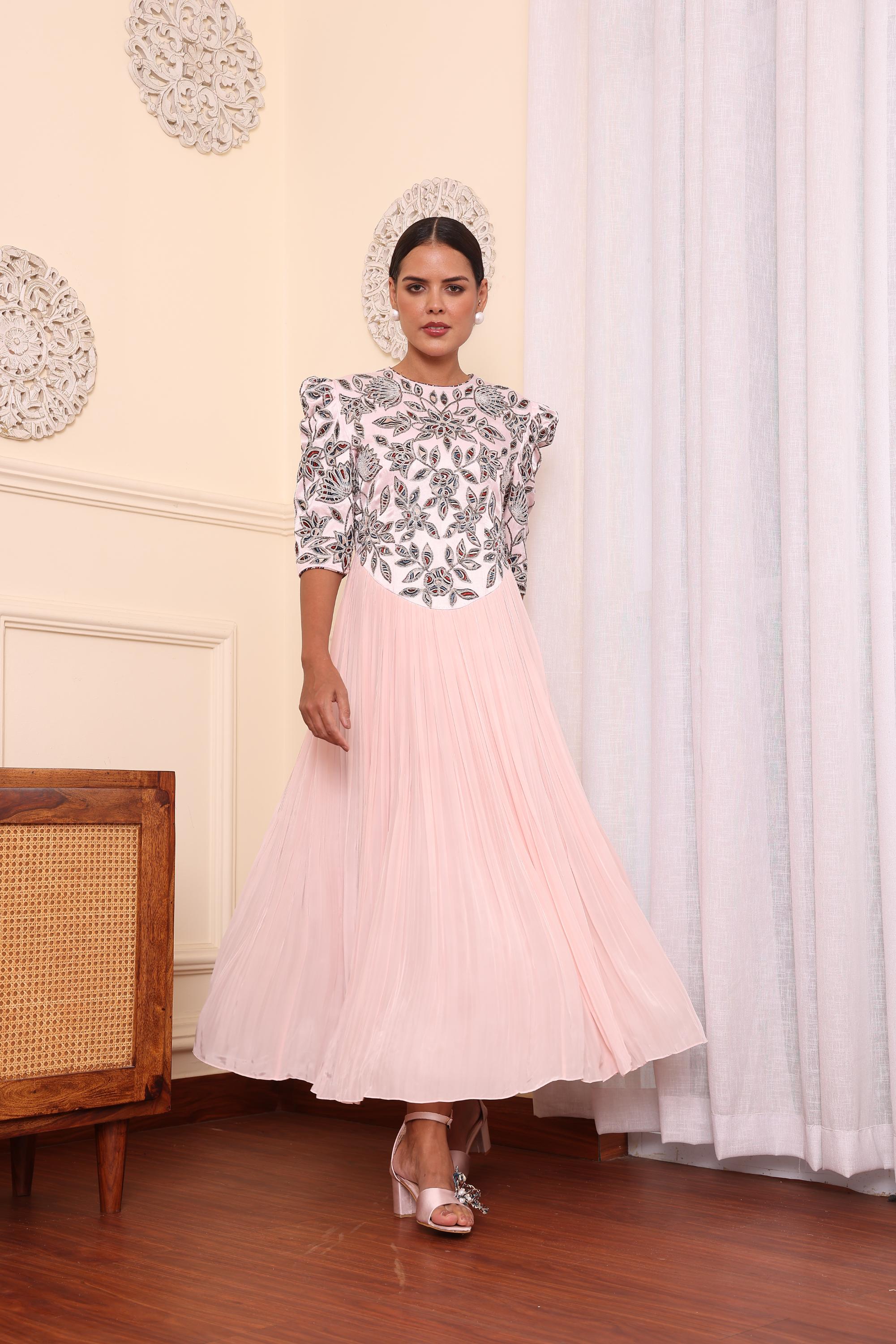 Powder Pink Gathered Dress With Pants