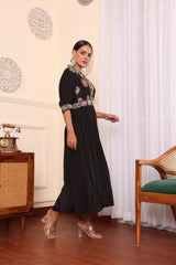 Black Patchwork Gathered Dress With Pant
