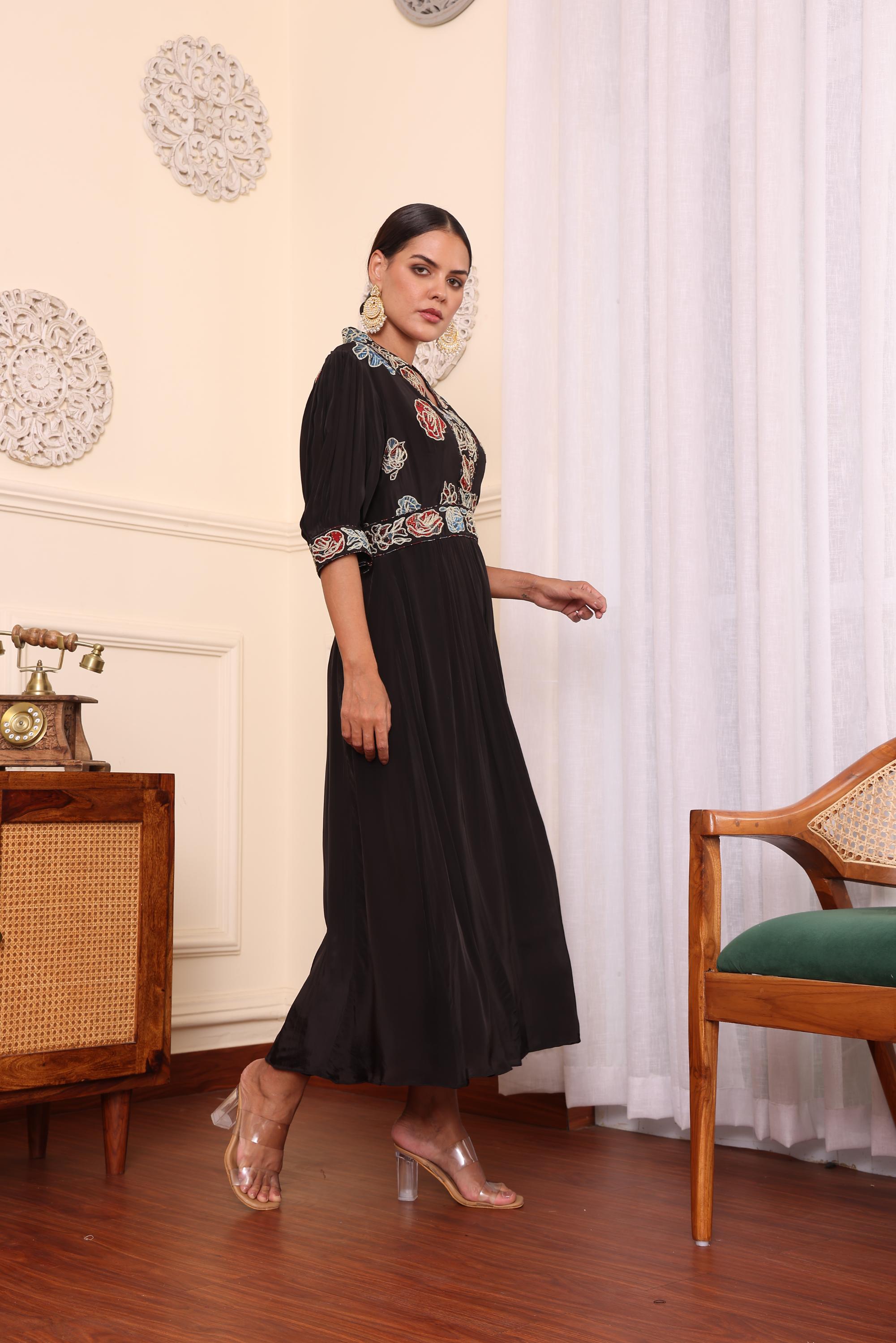 Black Patchwork Gathered Dress With Pant