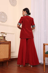 Red Patchwork Jacket With Flair Pants