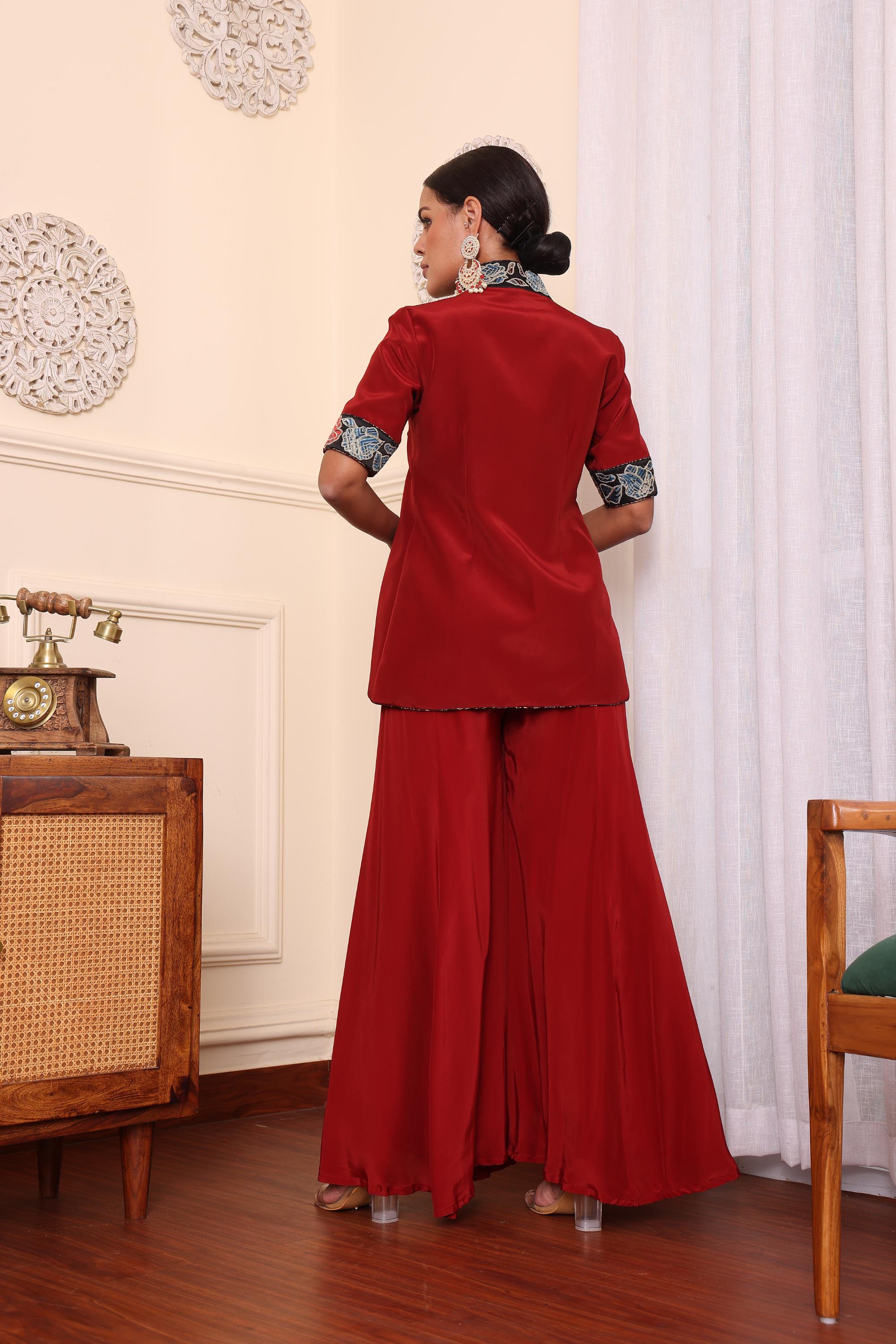 Red Patchwork Jacket With Flair Pants