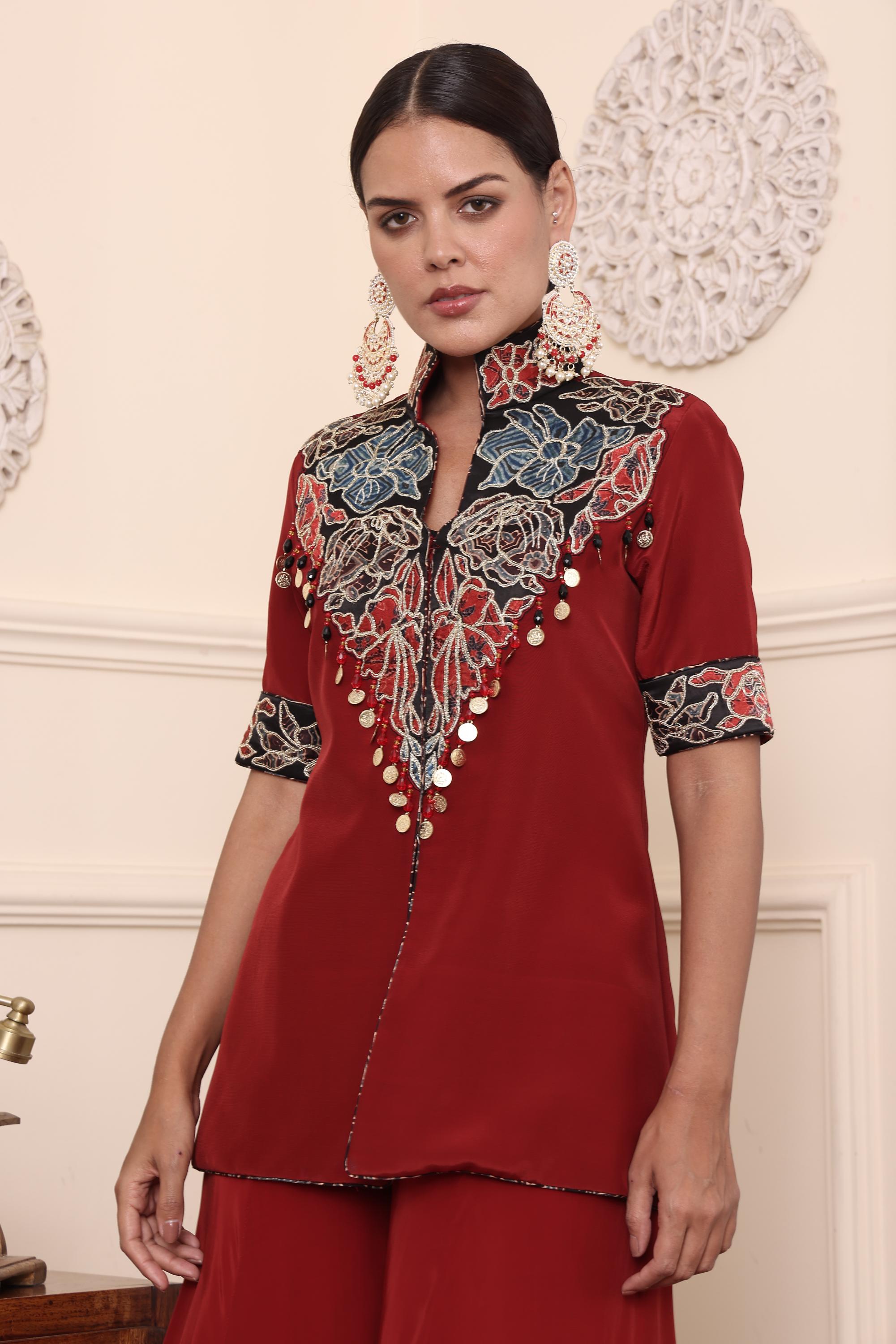 Red Patchwork Jacket With Flair Pants