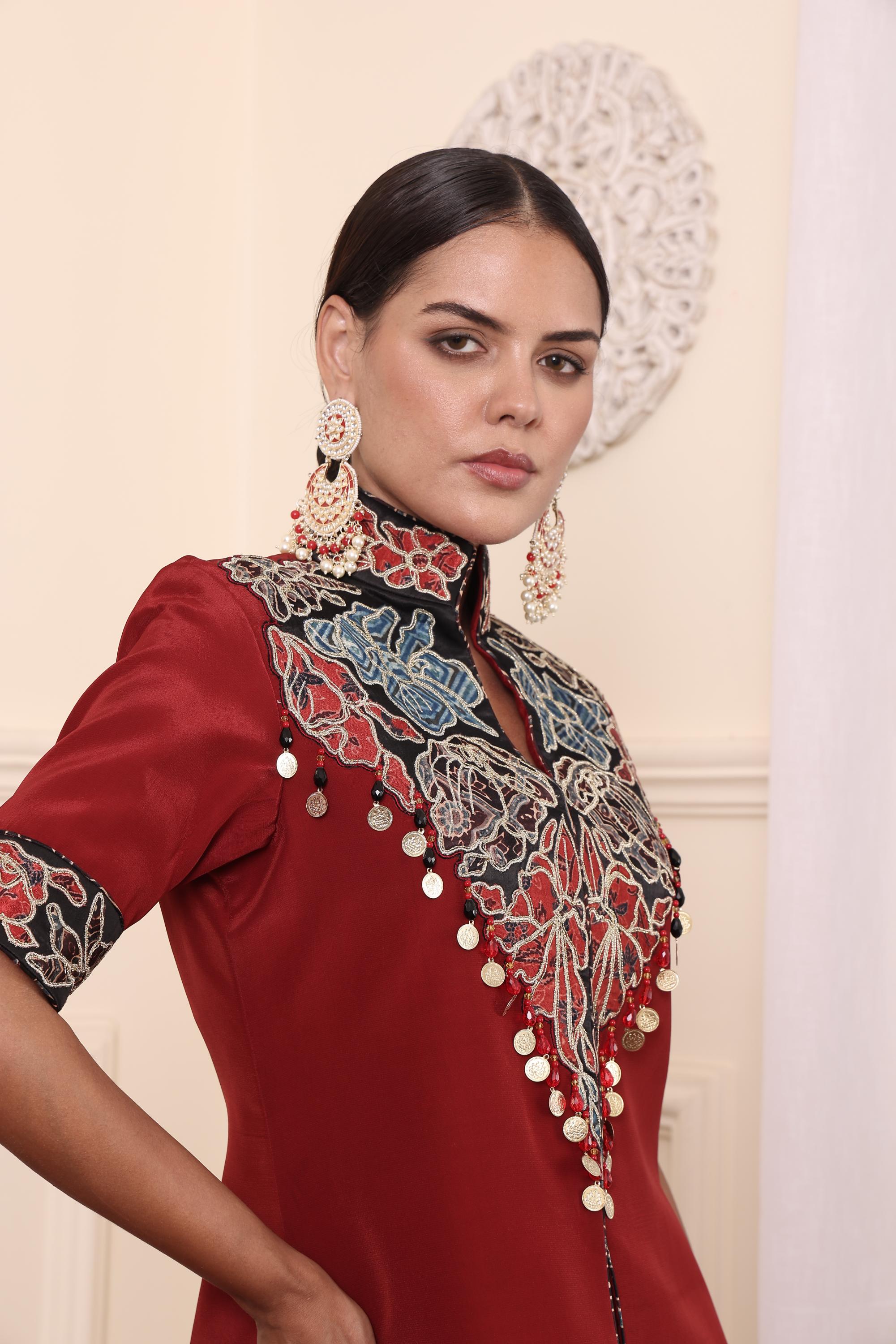 Red Patchwork Jacket With Flair Pants