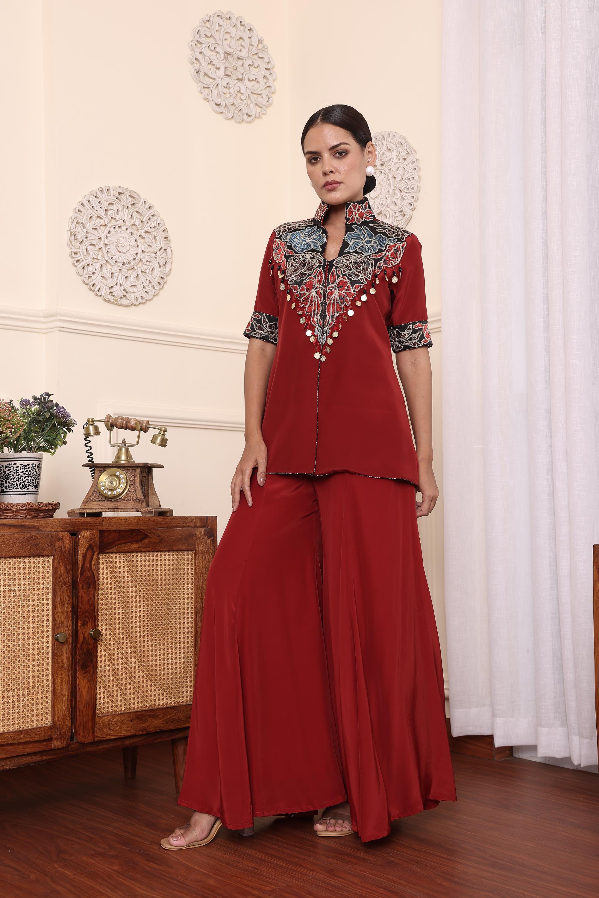 Red Patchwork Jacket With Flair Pants