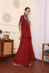 Red Patchwork Jacket With Flair Pants
