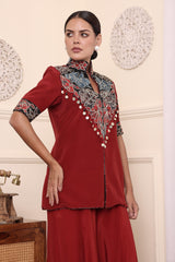 Red Patchwork Jacket With Flair Pants