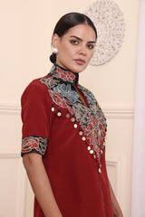Red Patchwork Jacket With Flair Pants