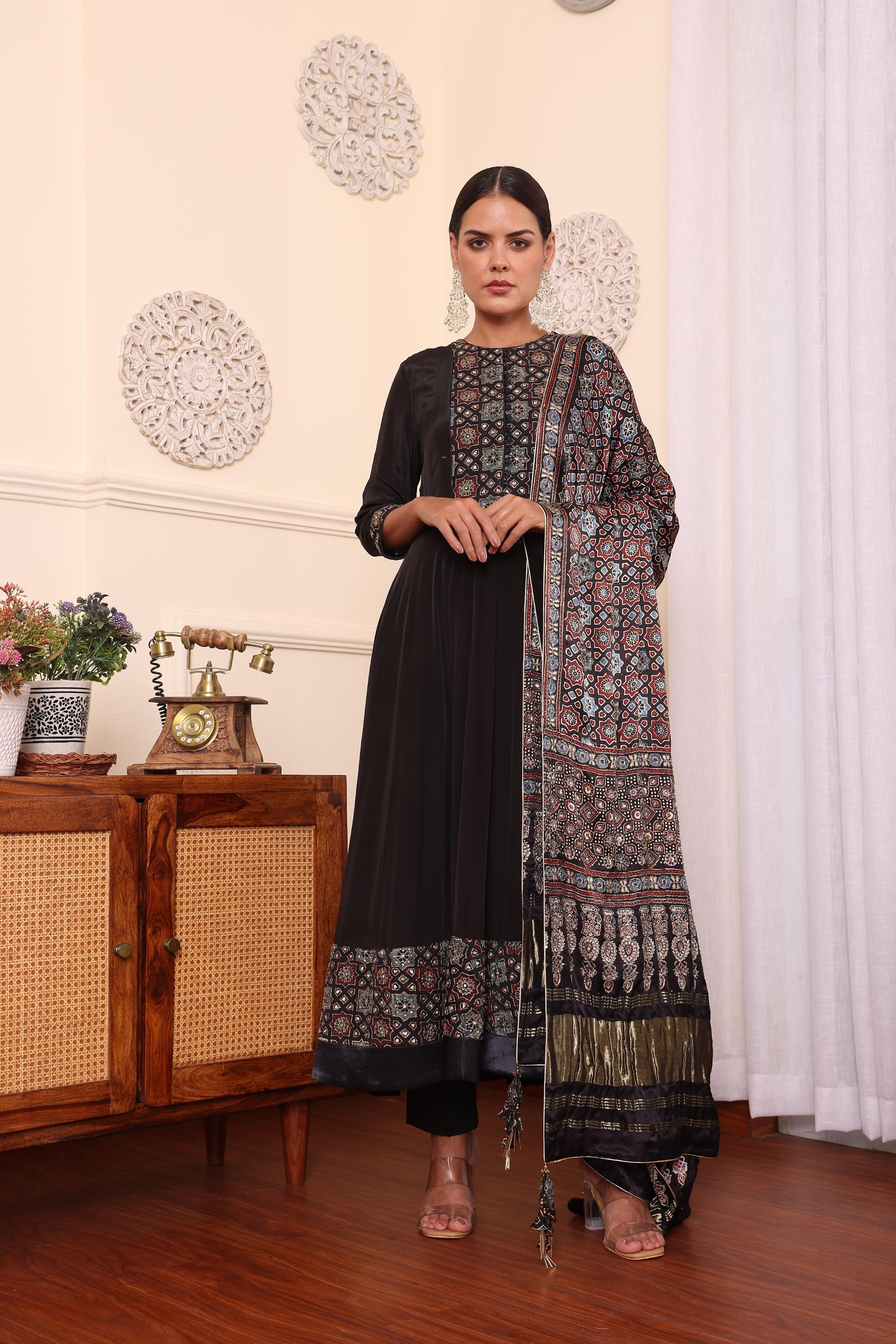 Black Embellished Anarkali With Pant And Dupatta