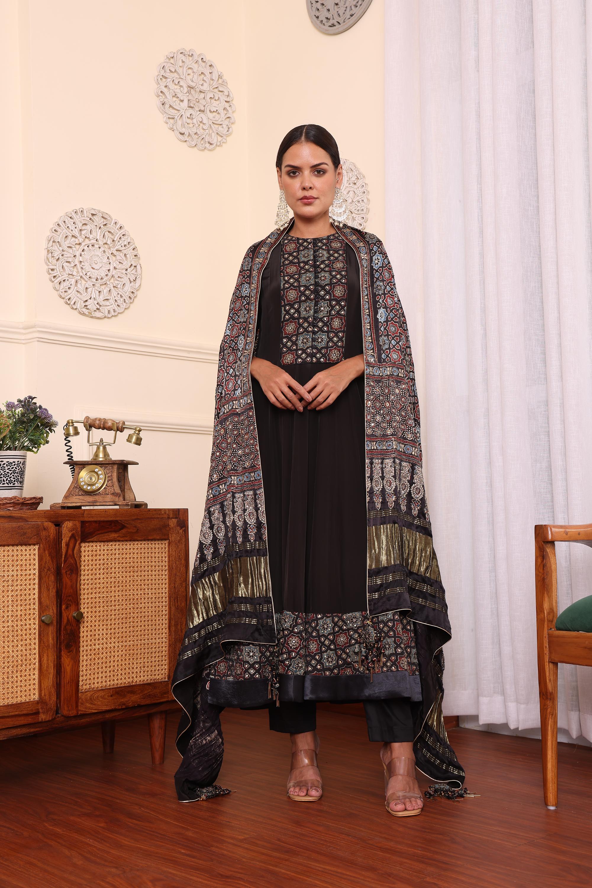 Black Embellished Anarkali With Pant And Dupatta