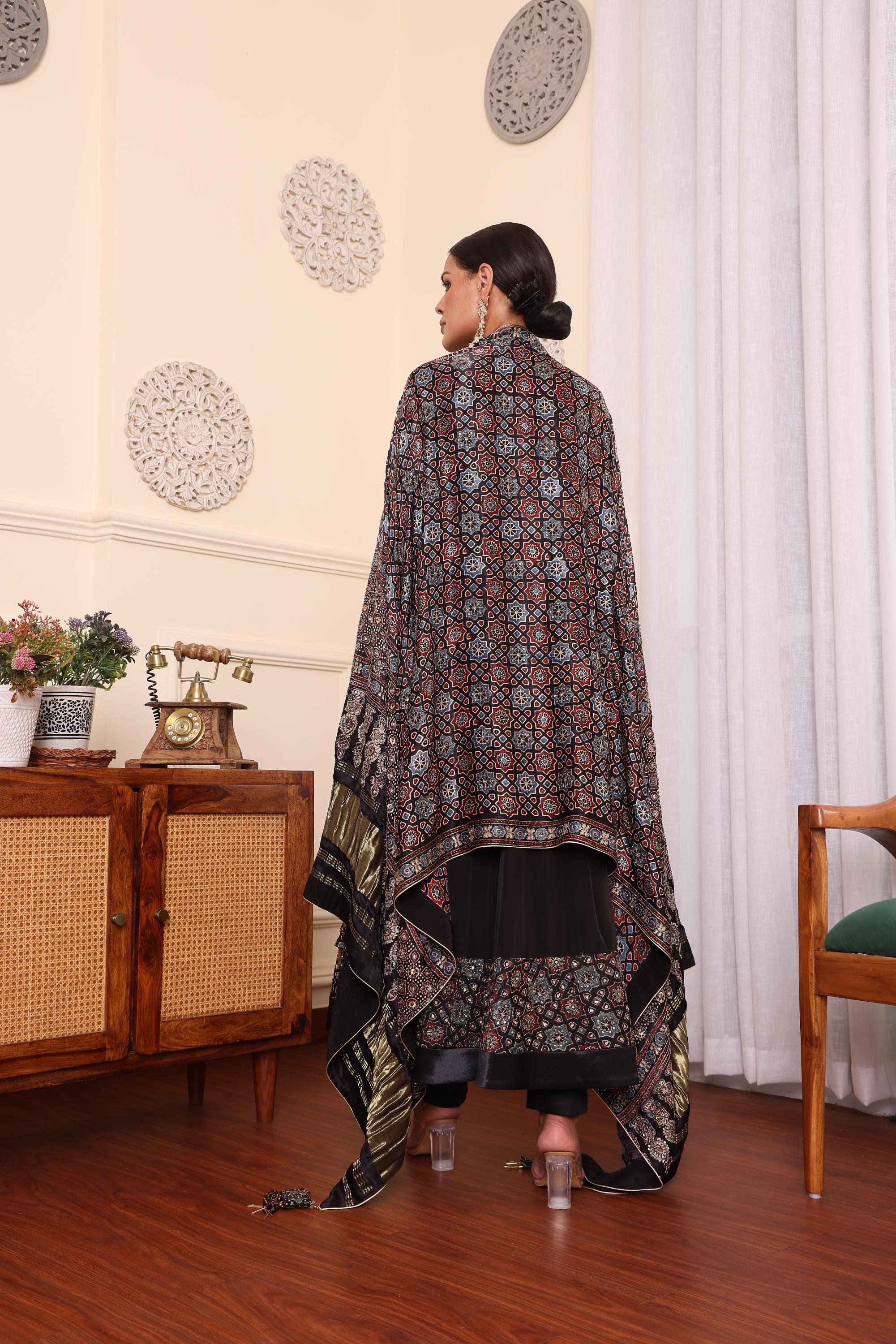 Black Embellished Anarkali With Pant And Dupatta