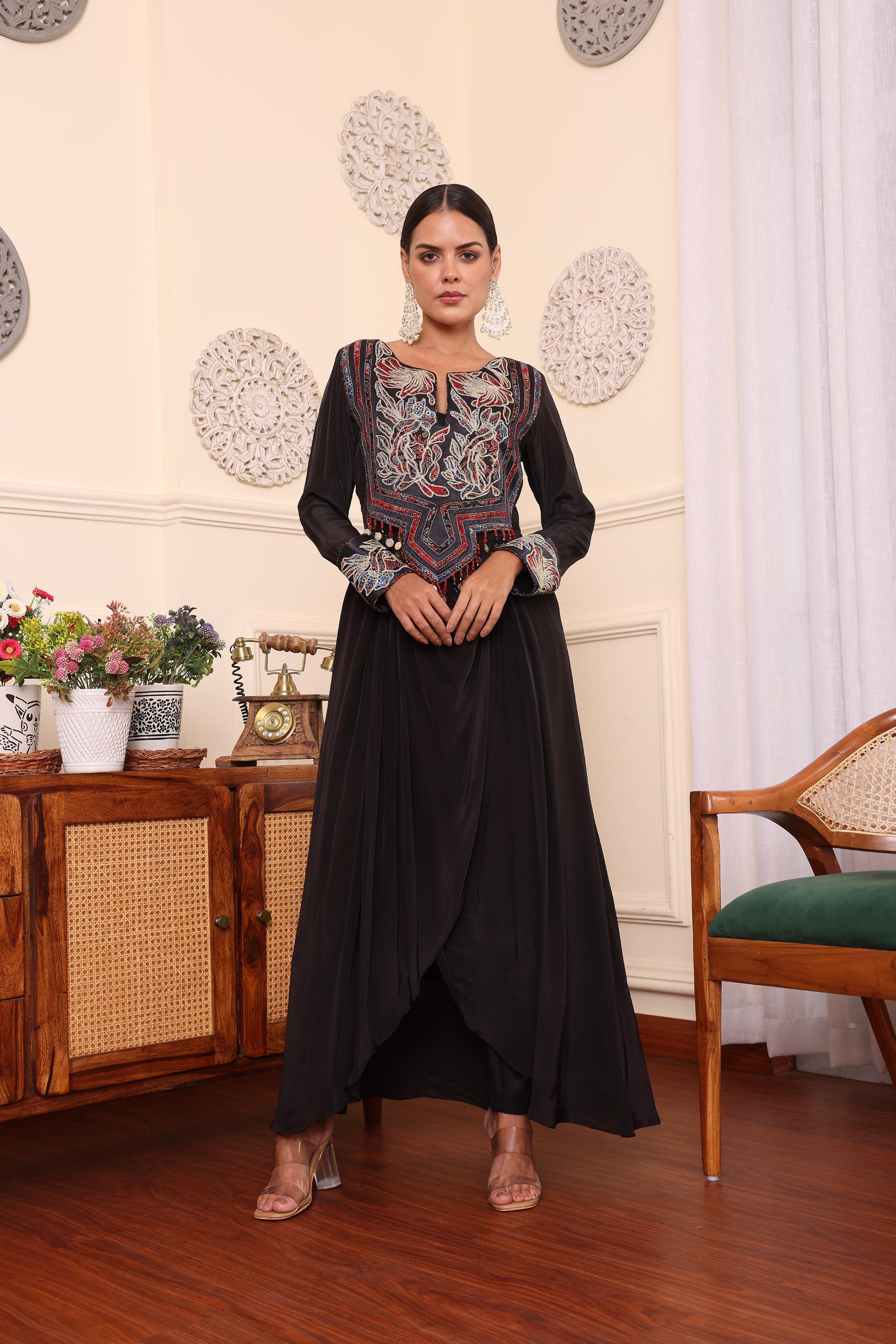 Black Assymetric Dress With Pants