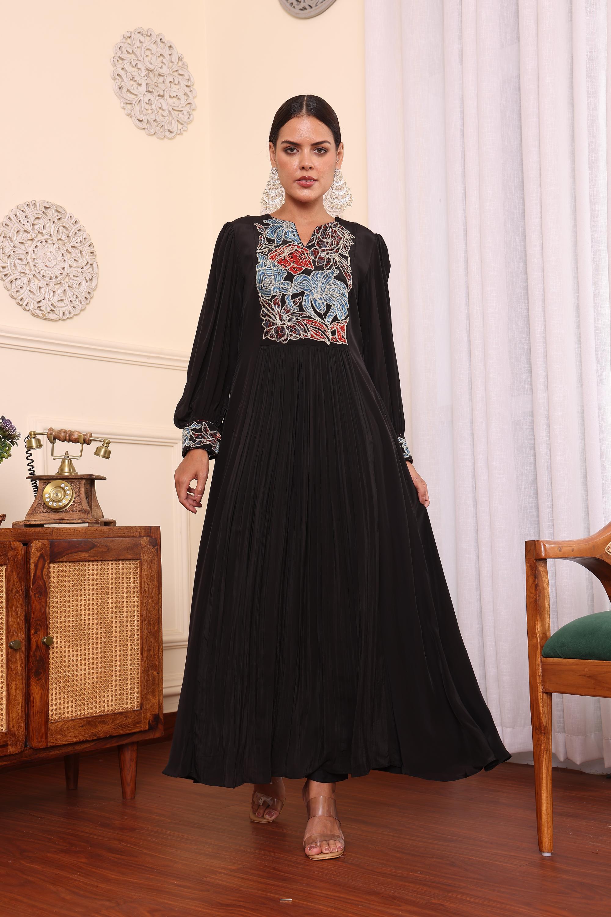 Black Gathered Dress With Pants