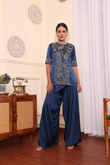 Cobalt Blue Embroidered Jacket With Assymetric Pants