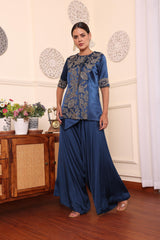 Cobalt Blue Embroidered Jacket With Assymetric Pants
