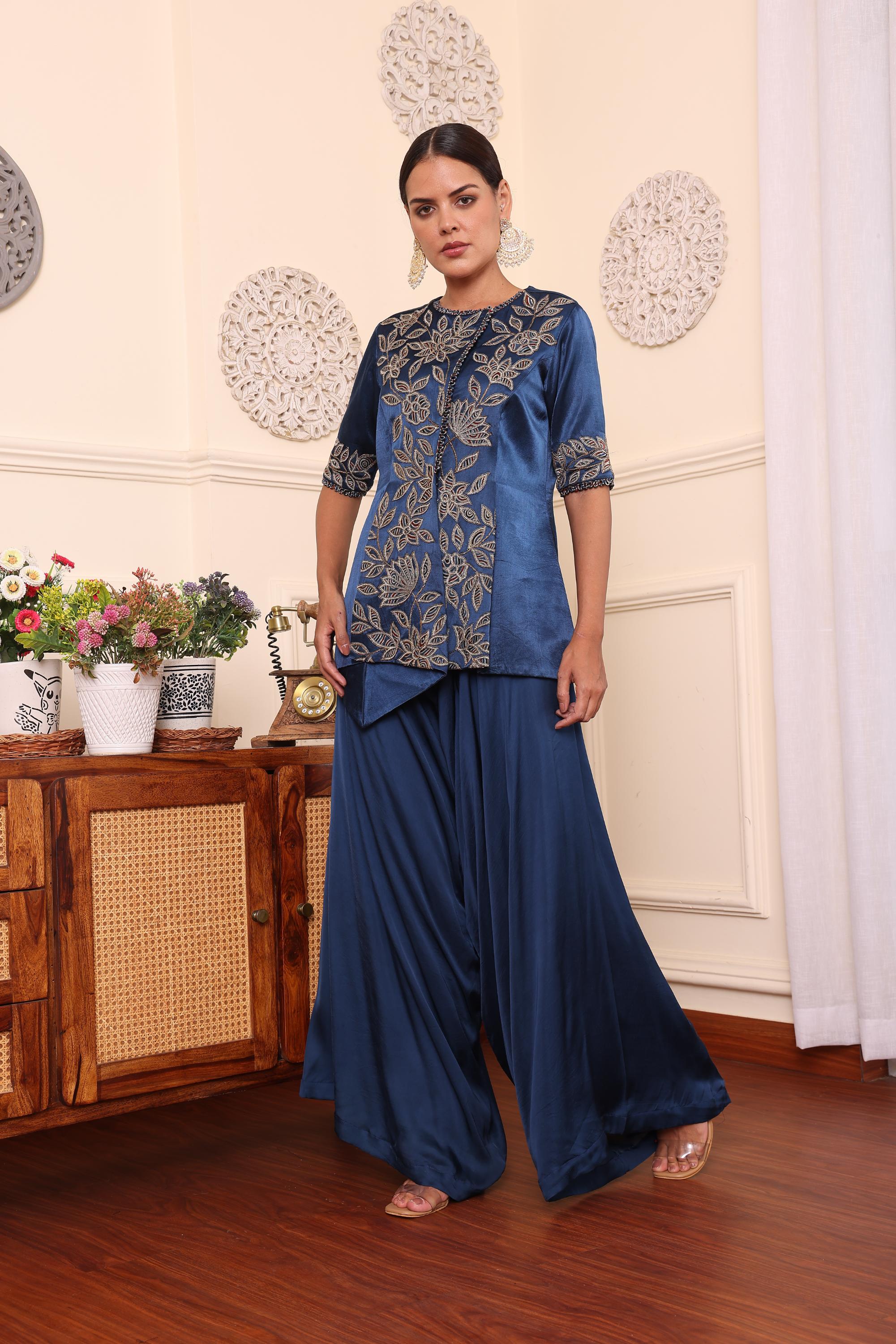 Cobalt Blue Embroidered Jacket With Assymetric Pants