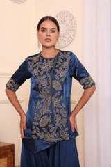 Cobalt Blue Embroidered Jacket With Assymetric Pants